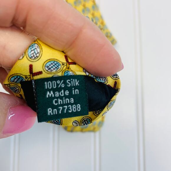 J Crew Yellow Silk Neck Tie Tennis Rackets 3" Wide - Picture 4 of 5